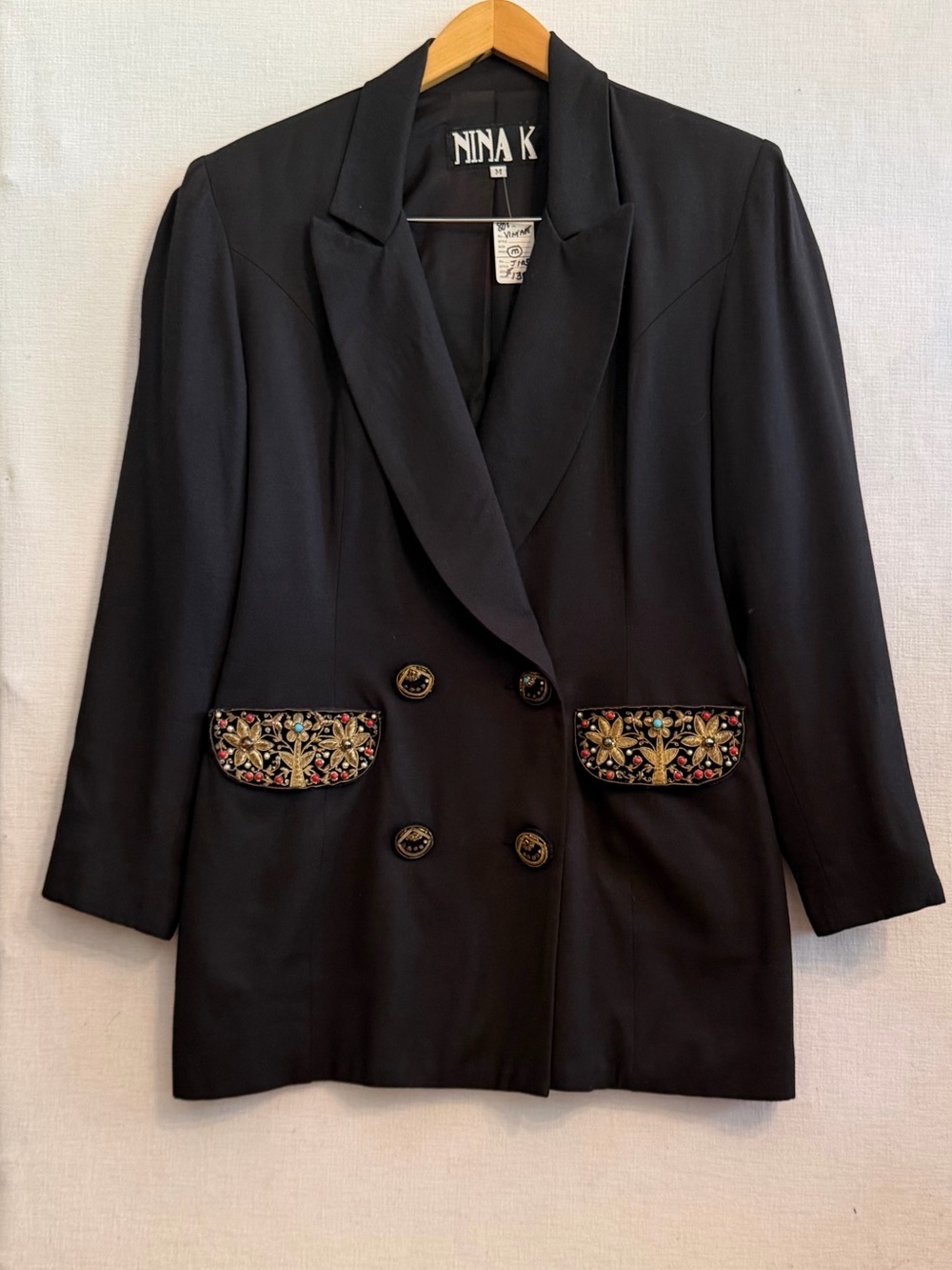 Rare Vintage Nina K Black Double-Breasted Embroidered Pocket Blazer